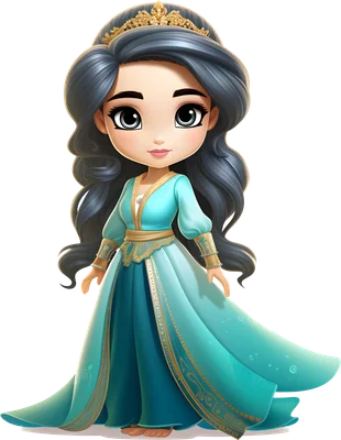 Hình ảnh công chúa Jasmine phiên bản chibi dễ thương, mặc váy xanh ngọc bích lộng lẫy, tóc đen dài và đội vương miện vàng.