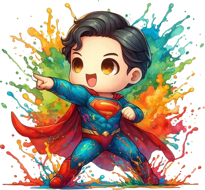 Hình ảnh chibi Superman vui vẻ, chỉ tay về phía trước, với hiệu ứng màu nước đa sắc rực rỡ bắn tung tóe.