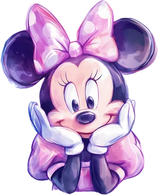 Hình ảnh Minnie Mouse hoạt hình đáng yêu với nơ hồng chấm bi, phong cách màu nước, đang tựa cằm vào tay.