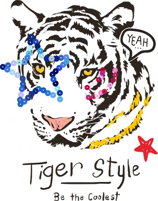 Hình vẽ đầu hổ xám phong cách hoạt hình với ngôi sao sequin xanh, sọc vàng và chữ 'Tiger Style'.
