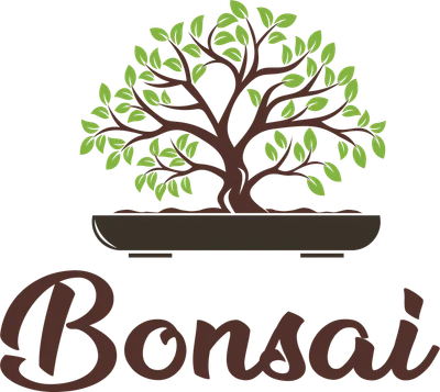 Hình ảnh cây bonsai với lá xanh tươi và thân cây nâu, đặt trong chậu nâu, bên dưới có chữ 'Bonsai' viết cách điệu.