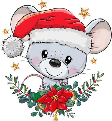 Hình ảnh minh họa chú chuột hoạt hình đội mũ ông già Noel, xung quanh là vòng nguyệt quế Giáng Sinh với hoa trạng nguyên và ngôi sao vàng.
