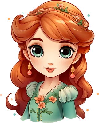 Hình minh họa cô gái chibi tóc đỏ, mắt xanh ngọc, cài hoa trên tóc, mặc váy xanh lá