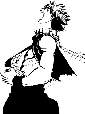Hình ảnh Natsu Dragneel từ Fairy Tail gào thét với biểu cảm mạnh mẽ, phong cách vẽ đen trắng.