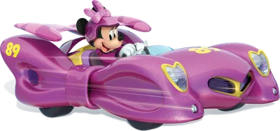 Minnie Mouse hoạt hình đội mũ bảo hiểm hồng, lái xe đua màu tím có số 89, tạo hiệu ứng tốc độ.