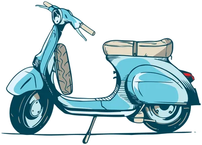 Hình minh họa xe Vespa cổ điển màu xanh mint, phong cách retro, với đường nét vẽ tay và viền trắng.