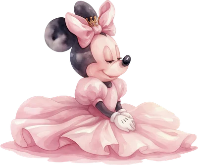 Hình ảnh Minnie Mouse trong bộ váy công chúa màu hồng phấn, đội vương miện nhỏ, mắt nhắm dịu dàng, phong cách vẽ màu nước.