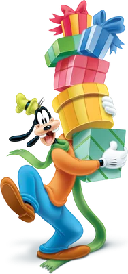 Hình ảnh Goofy hoạt hình vui vẻ, đội mũ xanh, quàng khăn xanh, mặc áo cam, quần xanh, đang ôm một chồng quà Giáng Sinh cao.