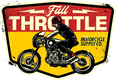Thiết kế huy hiệu Full Throttle với hình ảnh người lái mô tô phong cách cổ điển, bụi bặm