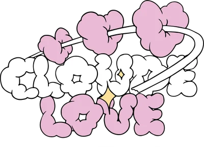 Hình ảnh chữ CHOOSE LOVE với phông chữ bong bóng màu hồng và trắng, viền đen, có ngôi sao lấp lánh, trên nền xám.