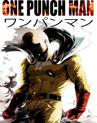 Hình ảnh Saitama từ One Punch Man với trang phục anh hùng màu vàng, đeo găng tay đỏ, thể hiện sự mạnh mẽ.