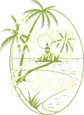 Hình minh họa chữ Beach Summer Holiday với cây cọ, biển và ngọn hải đăng, phong cách vintage.