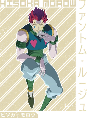 Hình ảnh Hisoka Morow từ anime Hunter x Hunter với mái tóc tím đỏ, trang phục xanh và quần xanh nhạt, cầm một lá bài.