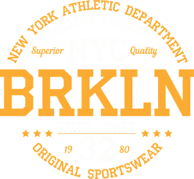 Thiết kế typography phong cách thể thao cổ điển với chữ BRKLN, NYC, New York Athletic màu cam và trắng trên nền xám.