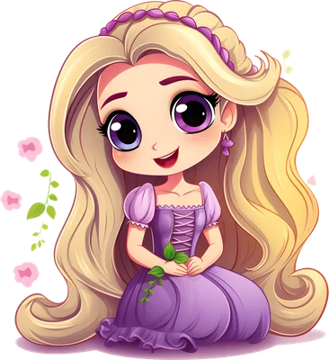 Hình vẽ công chúa chibi tóc vàng, mắt tím to tròn, mặc váy tím, đang mỉm cười và cầm cành lá xanh.