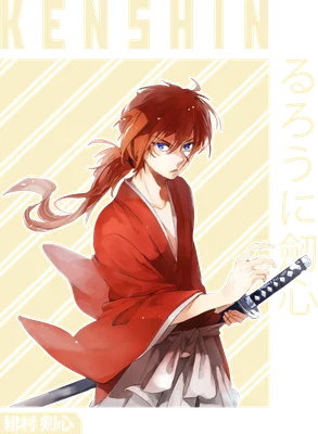 Hình ảnh Kenshin Himura, nhân vật anime samurai với mái tóc đỏ, mặc áo kimono đỏ, cầm kiếm.