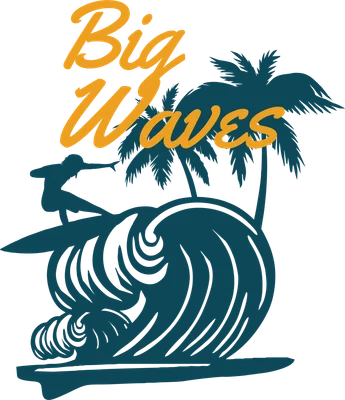 Hình ảnh người lướt sóng trên ngọn sóng lớn, có cây dừa và chữ 'Big Waves' màu vàng.