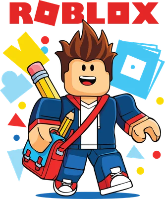 Hình ảnh nhân vật Roblox hoạt hình, mặc áo khoác xanh, đeo cặp sách đỏ, cầm bút chì, trên nền xám với các hình khối màu sắc.