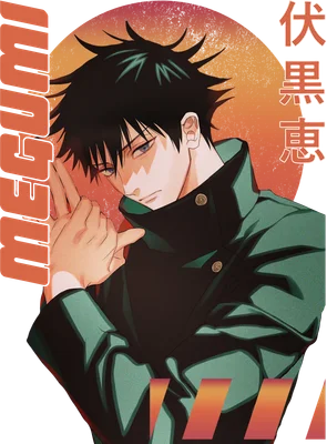 Hình ảnh Megumi Fushiguro từ Jujutsu Kaisen, tóc đen, mắt xanh, mặc áo khoác xanh đậm, tạo dáng tay.