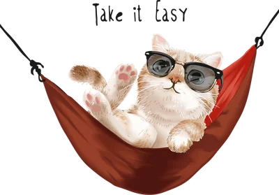 Hình minh họa chú mèo vàng đeo kính râm nằm thư giãn trên võng với dòng chữ Take it Easy