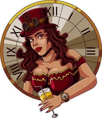 Hình minh họa cô gái phong cách Steampunk đội mũ và đeo kính, mặc áo đỏ, cầm ly nước, trước mặt đồng hồ La Mã.