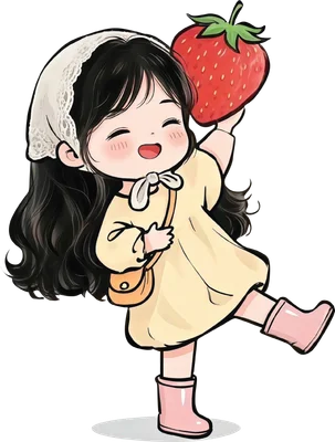 Hình vẽ chibi cô bé tóc đen, đội khăn trắng, mặc váy vàng, cầm quả dâu tây đỏ, đi ủng hồng.