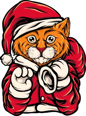 Hình vẽ mèo hoạt hình màu cam đội mũ và mặc đồ ông già Noel màu đỏ, mang túi quà, phong cách Giáng Sinh vui nhộn.