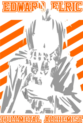 Hình vẽ Edward Elric từ Fullmetal Alchemist, tay phải là cánh tay giả kim loại, nhìn thẳng với vẻ quyết tâm.