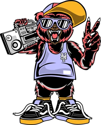 Hình minh họa chú gấu phong cách hip hop đeo kính râm, đội mũ lưỡi trai, cầm đài cassette
