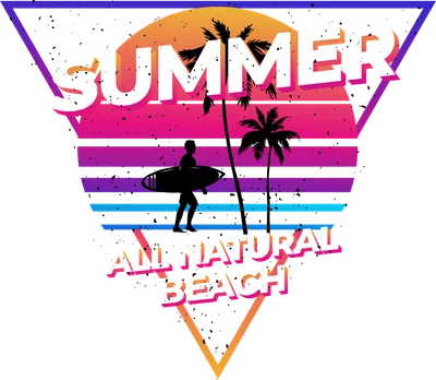 Hình ảnh retro mùa hè với người lướt sóng, cây cọ và mặt trời gradient, chữ 'SUMMER ALL NATURAL BEACH'.