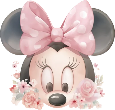 Hình ảnh Minnie Mouse hoạt hình với nơ hồng chấm bi lớn, mắt nhắm, lông mi dài, bao quanh bởi hoa hồng và hoa nhỏ màu hồng nhạt.