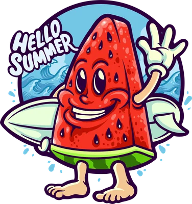 Hình ảnh hoạt hình dưa hấu đội mũ, cầm ván lướt sóng, vẫy tay chào, có chữ 'Hello Summer' và sóng biển.