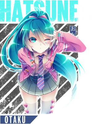 Hình ảnh anime cô gái Hatsune Miku tóc xanh, mặc áo khoác hồng, váy ngắn, tay giơ chữ V, biểu cảm đáng yêu.
