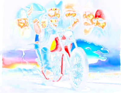 Nhóm biker với phong cách cổ điển cưỡi xe máy trên đường, bầu trời có sấm sét và núi non phía xa.