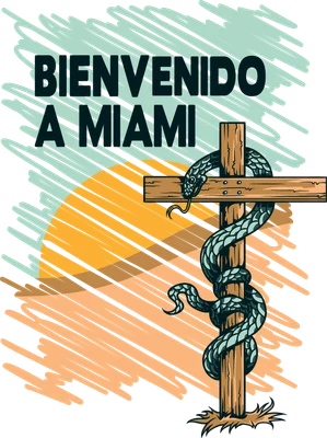 Hình ảnh minh họa con rắn màu xanh quấn quanh một cây gỗ, với dòng chữ 'BIENVENIDO A MIAMI' phía trên và nền sọc màu cam, xanh nhạt.