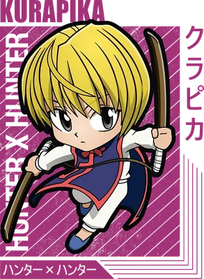 Hình chibi Kurapika từ Hunter x Hunter, tóc vàng, trang phục xanh tím than, cầm gậy, phong cách anime.