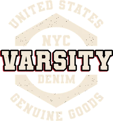 Thiết kế logo phong cách Varsity với chữ 'VARSITY' lớn, 'NYC', 'DENIM', 'UNITED STATES' và 'GENUINE GOODS' trên nền xám.
