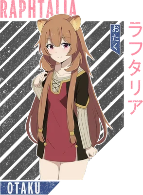 Hình ảnh Raphtalia, nhân vật anime dễ thương với tai mèo, mặc trang phục đỏ và đen, có chữ "Raphtalia" và "OTAKU"