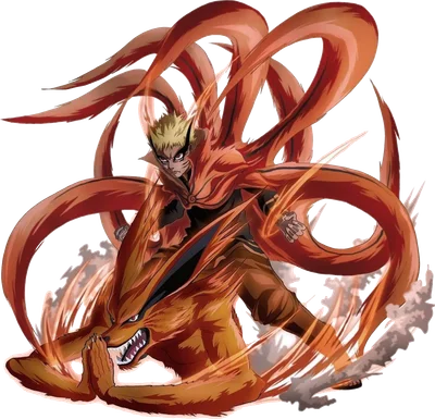Hình ảnh Naruto trong trạng thái Kurama Mode, với chín đuôi cáo màu cam rực lửa bao quanh.