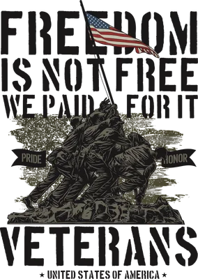 Hình ảnh quân nhân cắm cờ Mỹ, với dòng chữ 'Freedom Is Not Free We Paid For It' và 'Veterans'