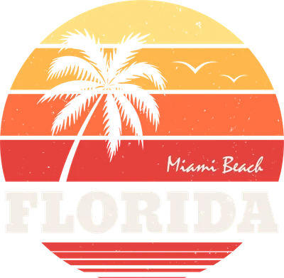 Hình ảnh hoàng hôn nhiệt đới với cây dừa, đàn chim bay và dòng chữ Florida, Miami Beach.