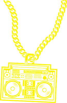 Hình minh họa dây chuyền vàng to bản với mặt là chiếc loa boombox cổ điển, phong cách hiphop.