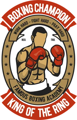 Hình ảnh minh họa một vận động viên boxing với găng tay đỏ, cơ bắp cuồn cuộn, trong vòng tròn huy hiệu.