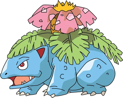 Hình ảnh Venusaur, Pokémon hệ cỏ độc màu xanh dương với hoa hồng và lá xanh trên lưng, mắt đỏ hung dữ.