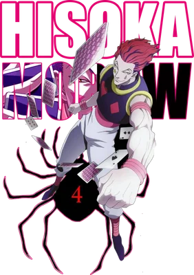 Hình ảnh nhân vật Hisoka Morow từ anime Hunter x Hunter với bài tây và biểu tượng nhện.