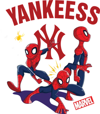 Ba nhân vật Người Nhện hoạt hình với các tư thế khác nhau, phía trên có chữ YANKEES và logo New York Yankees.