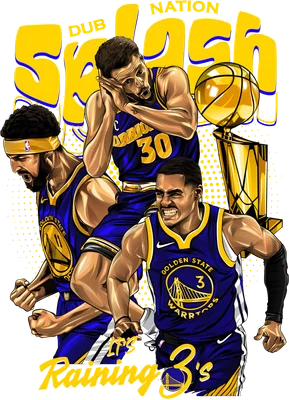 Hình ảnh minh họa Stephen Curry, Klay Thompson, Jordan Poole của Golden State Warriors ăn mừng chiến thắng với cúp và bóng rổ.