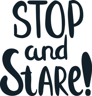 Chữ 'STOP and Stare!' viết tay màu xanh đậm trên nền xám