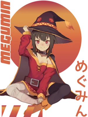 Hình ảnh anime Megumin dễ thương với mũ phù thủy, trang phục đỏ và vàng, ngồi vắt chéo chân.