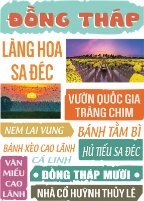 Hình ảnh tổng hợp các địa danh, đặc sản nổi tiếng của Đồng Tháp như Làng hoa Sa Đéc, Vườn Quốc gia Tràm Chim, Nem Lai Vung.